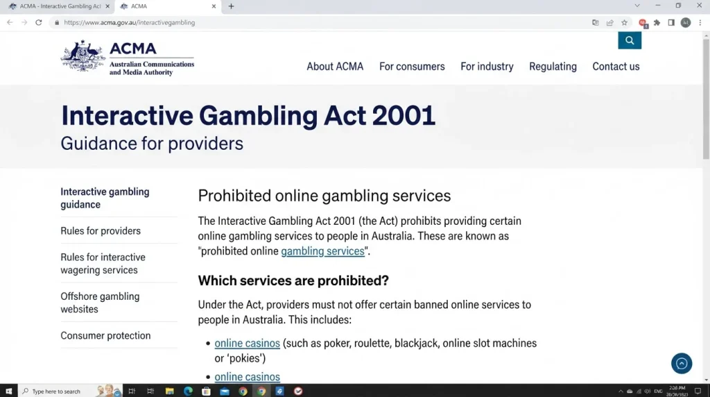 ACMA guidance explaining prohibited online casino services under the Interactive Gambling Act