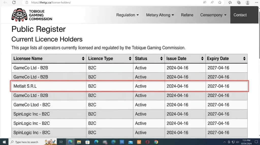 Tobique Gaming Commission licence-holder register showing Metlait S.R.L.