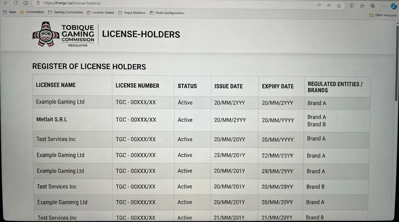 Tobique Gaming Commission license-holder register showing Metlait S.R.L