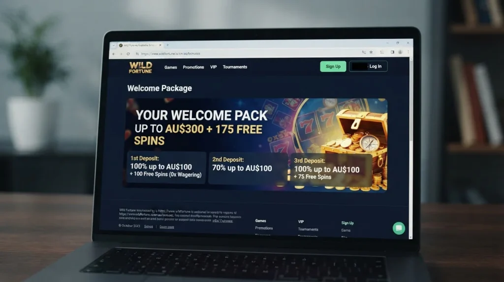Wild Fortune Australia bonuses page showing the current welcome package