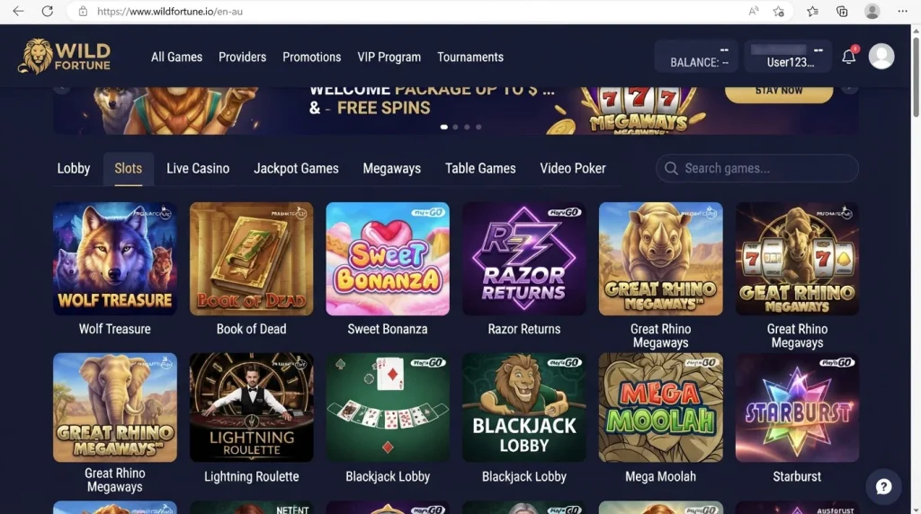 Wild Fortune Australian game lobby with category navigation and searchable games