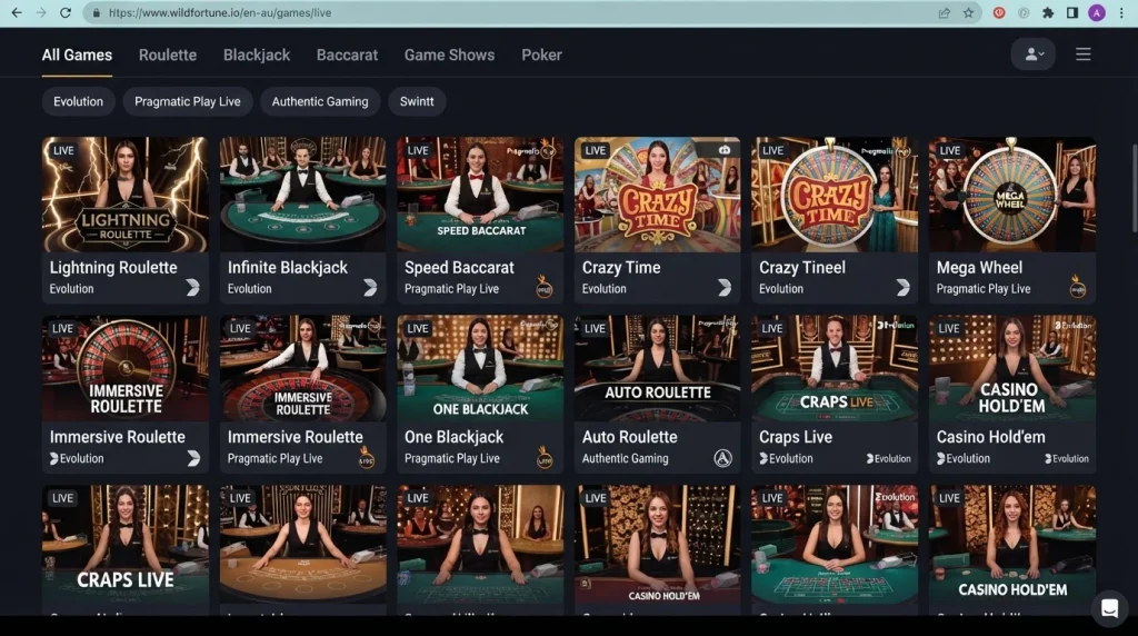 Wild Fortune Australian live casino lobby