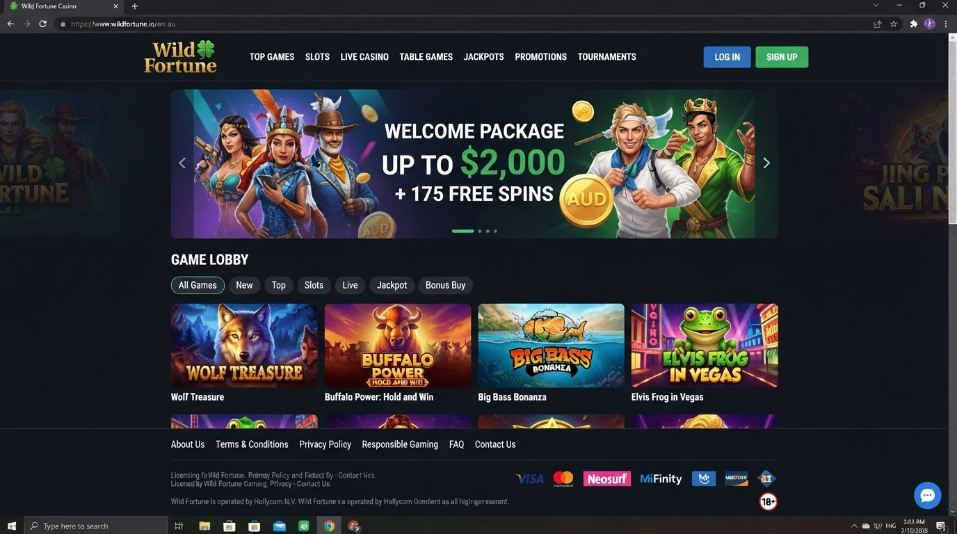 Wild Fortune Australian-localised casino homepage and lobby