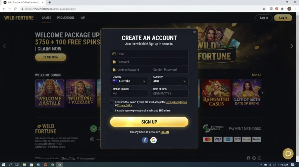Wild Fortune Australian registration entry point