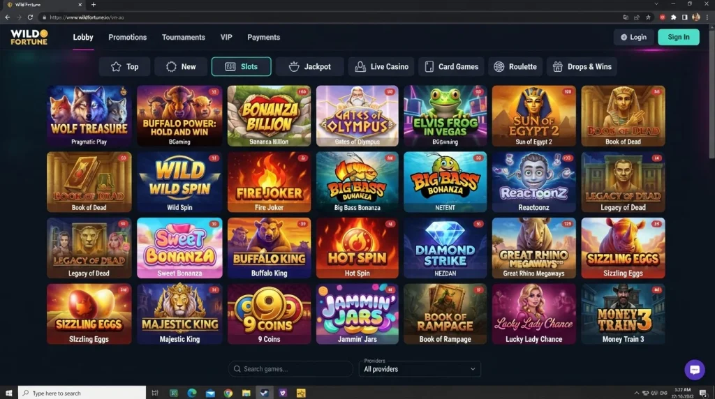Wild Fortune Australian slots and pokies lobby