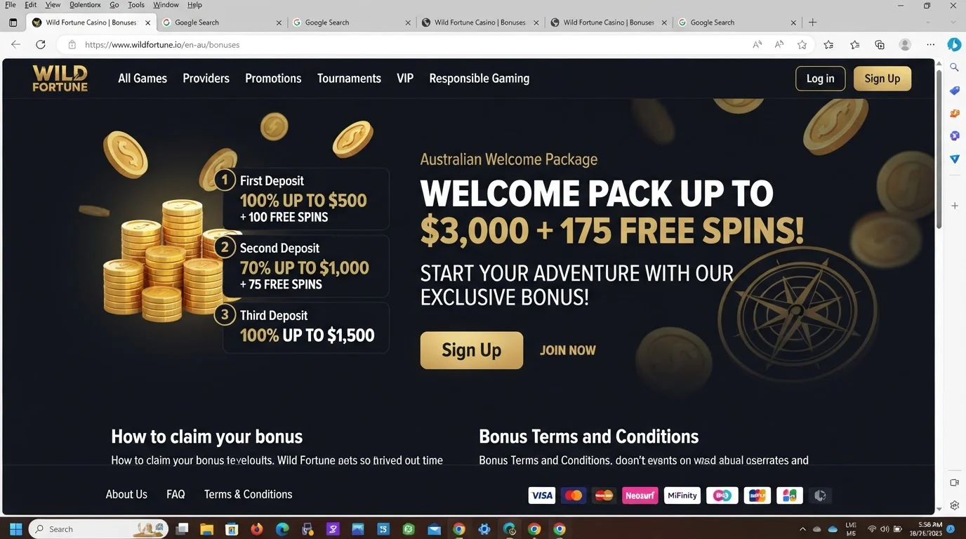 Wild Fortune Australian welcome package showing the current AUD bonus headline