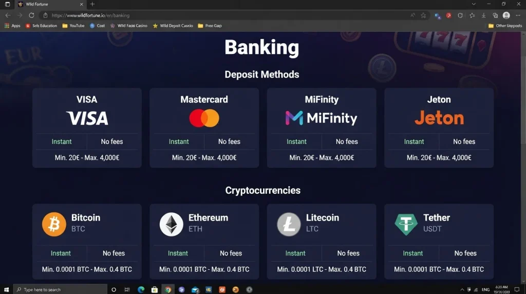 Wild Fortune banking page showing available payment method families
