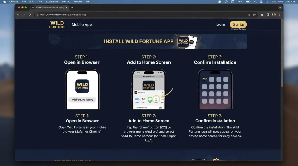 Wild Fortune official mobile installation instructions showing add-to-home-screen steps