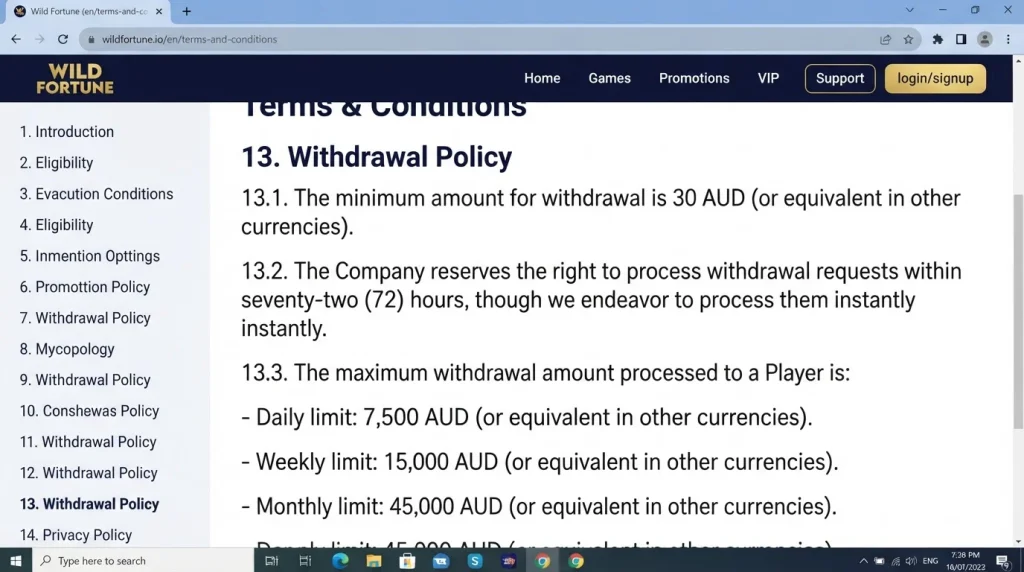 Wild Fortune official withdrawal terms section showing Australian dollar limits