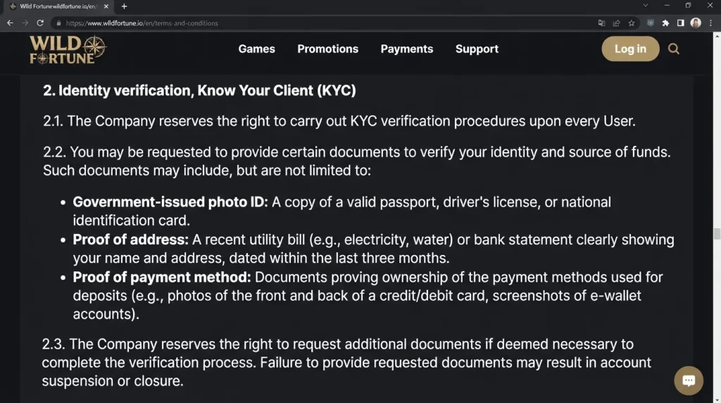 Wild Fortune terms section covering identity verification and KYC documents